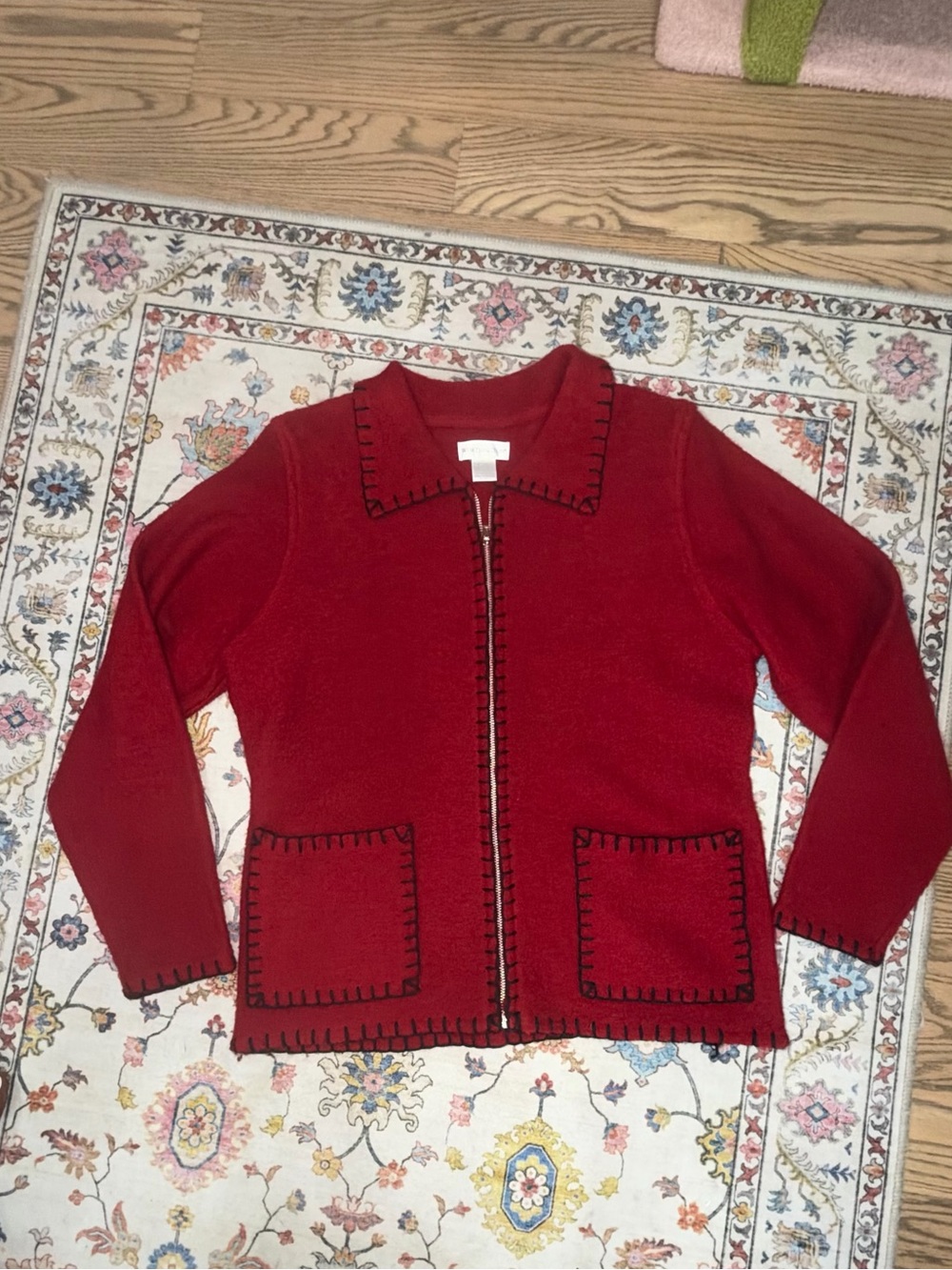 Worthington Red Zip-Up Knit Jacket with Black Whipstitch Trim